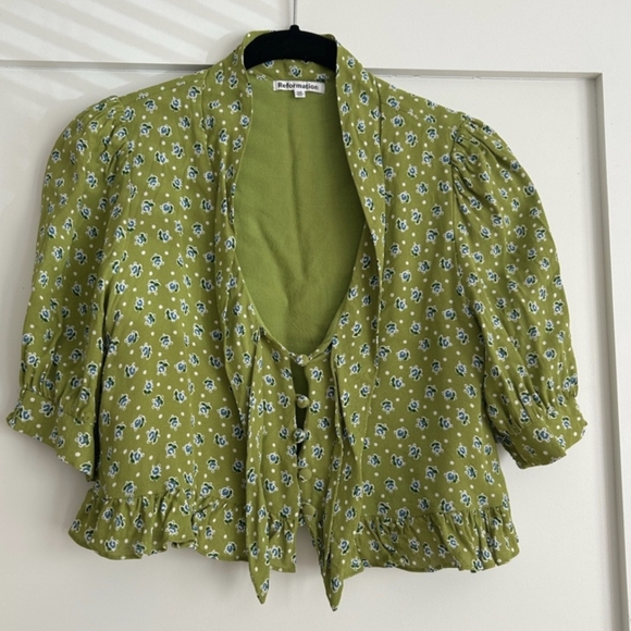 REFORMATION Sloane Top in Green w Mixed Floral and Polka Dot Bouquet XS - Picture 8 of 9